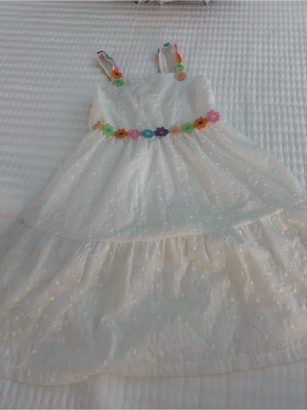White Eyelet Sundress with Neon Colored Flowers Trim for Kids. Size 8